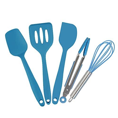 Collfa Mini Spatula And Mini Kitchen Utensil Set Small Five-Piece Set Tiny Silicone Kids Kitchen Tools Whisk Spatula Tongs Spoon And Slotted Spatula For Cooking(Kids Baking Supplies) Blue - CookCave