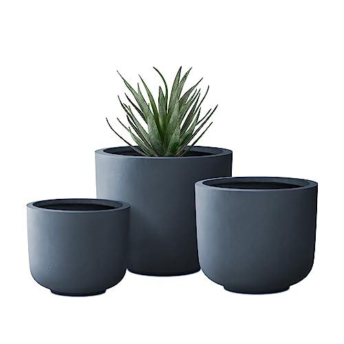 Kante 13",11",9" Dia Round Concrete Large Plant Pots Outdoor Indoor Planters Bowl with Drainage Hole for Patio, Set of 3,Charcoal - CookCave