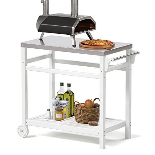 TORVA Outdoor Prep Cart Dining Table for Pizza Oven, Patio Grilling Backyard BBQ Grill Cart(White Color) - CookCave