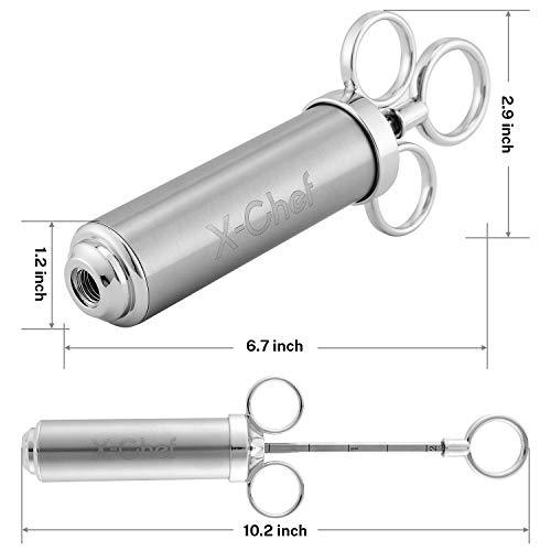 X-Chef Meat Injector Syringe, Stainless Steel Turkey Marinade Injector for Food Flavor BBQ Grill Smoker with 2oz Capacity Barrel 3 Professional Needles, 3 Cleaning Brushes, 5 O-Rings & Silicone Brush - CookCave