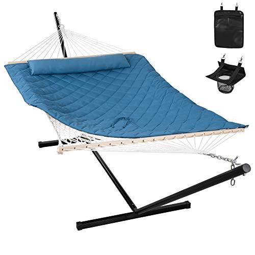 ANOW Double Hammock with Stand Included, Rope Hammock with Detachable Pillow and Hammock Pad for Outdoors Indoors, 450 LBS Weight Capacity, Blue - CookCave