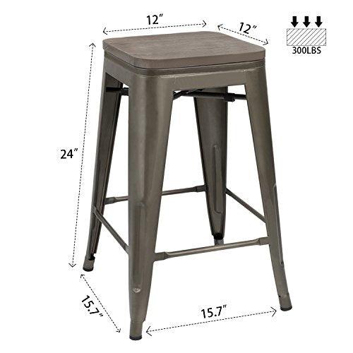 JUMMICO Metal Bar Stools Indoor-Outdoor Stackable Modern 24 Inches Gun Metal Counter Height Industrial Barstools with Wooden Seat Set of 4 (Gun) - CookCave