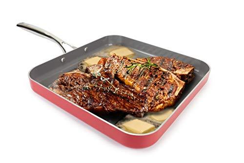 EaZy MealZ Square Non-Stick Grill Pan for Stove, Light weight, Perfect Grill Marks, Oven Safe up to 500 Degrees, Extra Large, 12" Red - CookCave