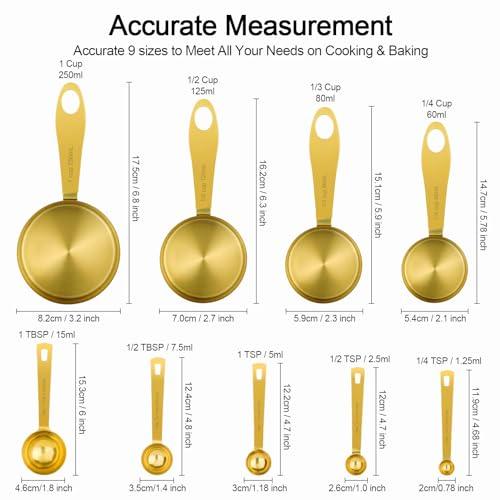 GuDoQi Measuring Cups and Spoons Set of 9, Stainless Steel Handle with Metric and US Measurements, Golden Polished Finish, Dry & Liquid Ingredient Measuring Cup for Cooking and Baking - CookCave