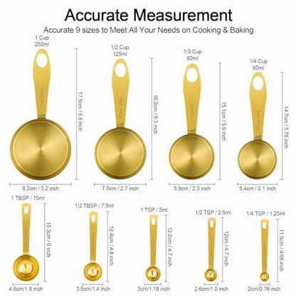 GuDoQi Measuring Cups and Spoons Set of 9, Stainless Steel Handle with Metric and US Measurements, Golden Polished Finish, Dry & Liquid Ingredient Measuring Cup for Cooking and Baking - CookCave