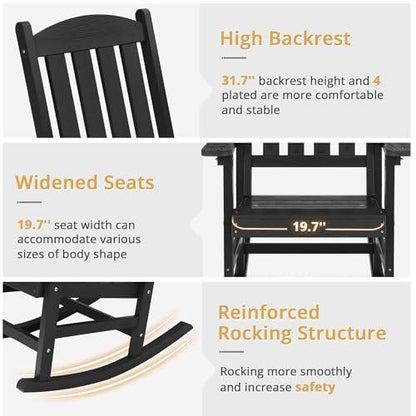 LUE BONA Outdoor Rocking Chair, HDPS Poly Rocking Chair, All Weather Resistant Plastic Outdoor Indoor Porch Rocker, Heavy Duty Rocking Chair for Patio, Lawn, Garden, 300LBS, Black - CookCave