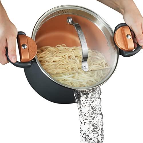 Gotham Steel 5 Quart Stock Multipurpose Pasta Pot with Strainer Lid & Twist and Lock Handles, Nonstick Ceramic Surface Makes for Effortless Cleanup with Tempered Glass Lid, Dishwasher Safe, Graphite - CookCave