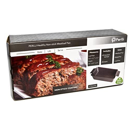 PERLLI Nonstick Meat Loaf Pan Bread Pan with Insert, 2-in-1 Large 9.8" X 5.7" Healthy Coating Nonstick Roaster Pan with Drain Drip Tray, Carbon Steel Gray - CookCave