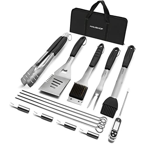 HAUSHOF Large Grilling Accessories, BBQ Grill Set, Heavy Duty Stainless Steel Barbecue Utensils with 16-1/2" Spatula, Brush, Fork, Tongs, Skewers, Thermometer, Bag, Ideal Gift, 15PCS - CookCave