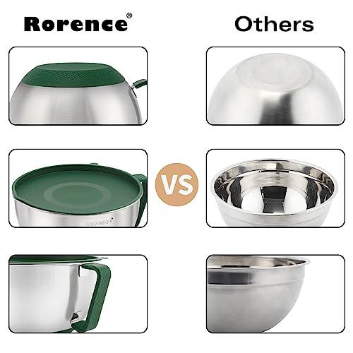 Rorence Mixing Bowls Set: Stainless Steel Non-Slip Bowls with Pour Spout, Handle and Lid - Set of 3 - Green - CookCave