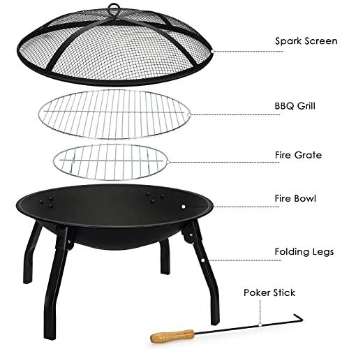 Cogesu Fire Pit, 22in Foldable Wood Burning Fire Pits for Outside, FirePit with Carry Bag, Spark Screen & Poker, Pack Grill, Folding Legs for Camping, Picnic, Bonfire - CookCave