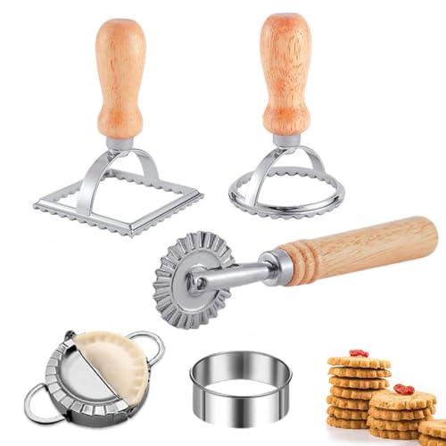 Ravioli Pasta Cutter Wheel Set of 5, Ravioli Maker Cutter with Roller Wheel Ravioli Cutter Set with Wooden Handle, Pasta Press Wheel Pasta Tools For Pasta Making Dumplings, Pierogi (Silver) - CookCave