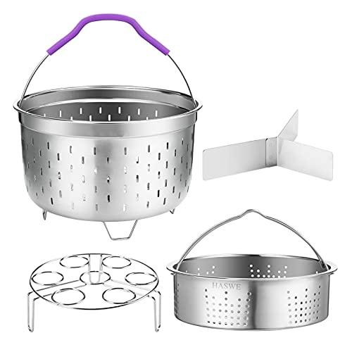 Haswe Steamer Basket for instant Pot Pressure Cooker, Accessories Set Compatible with 5/6/8 Qt InstaPot -18/8 Stainless Steel Strainer Insert with Silicone Handle,Divider,Egg Steamer Rack, 6 Quart - CookCave