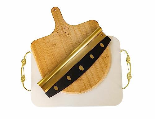 Hearth & Leaf Cordierite Pizza Stone for Oven and Grill. Including Bamboo Pizza Peel, Pizza Cutter & Gold Detachable Serving Handles - Kitchen Accessories - Baking Supplies -15 inch Large Stone - CookCave