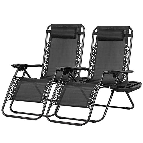 Nazhura Set of 2 Relaxing Recliners Patio Chairs Adjustable Steel Mesh Zero Gravity Lounge Chair Recliners with Pillow and Cup Holder (Black) - CookCave