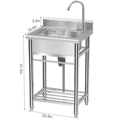 Lafati Stainless Steel Utility Sink - Single Bowl Free Standing Kitchen Sink NSF Certificated with Cold and Hot Water for Farmhouse, Bathroom, Bar, Laundry Room (23 Inch) - CookCave