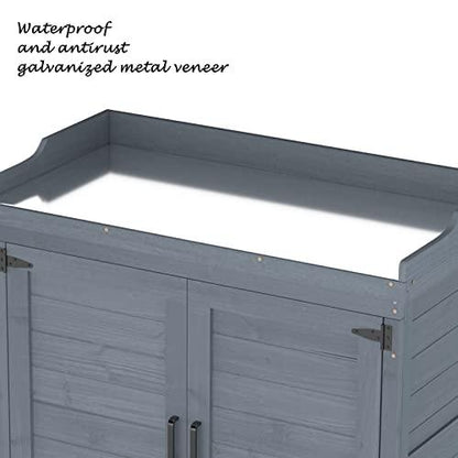 GOOD LIFE USA Outdoor Garden Patio Wooden Storage Cabinet Furniture Waterproof Tool Shed with Potting Benches Outdoor Work Station Table (Gray) - CookCave