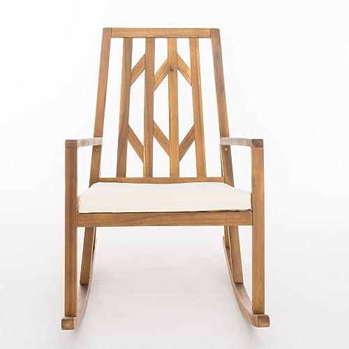 Christopher Knight Home Nuna Outdoor Wood Rocking Chair with Cushion, Teak Finish Dimensions: 37.75”D x 26.50”W x 41.25”H - CookCave
