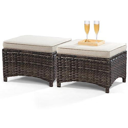 MeetLeisure Outdoor Ottomans for Patio Set of 2 PE Wicker Steel Frame Outdoor Footstool with Removable Olefin Cushions for Patio, Backyard and Deck, Beige - CookCave