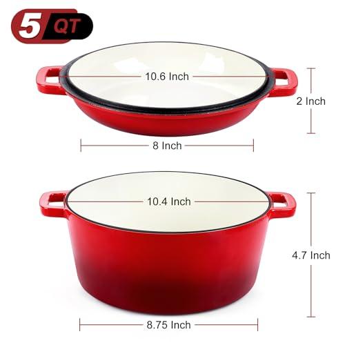 Red Enameled Dutch Oven Pot for Bread Baking, P&P CHEF 2 in 1 Round 5Qt Cast Iron Dutch Oven with Lid Set, Skillet & Pot for Roasting Braising Stewing Frying Simmering, Multi Stoves & Oven Safe - CookCave