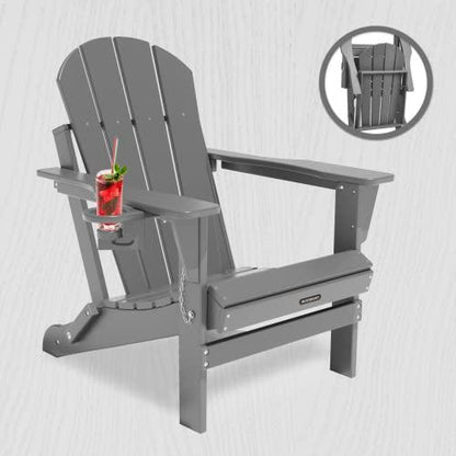 MUCHENGHY Outdoor Folding Adirondack Chair Weather Resistant Patio Chair with Cup Holder for Outside, Deck, Lawn, Backyard, Garden, Fire Pit, Campfire Lounger(Gray) - CookCave