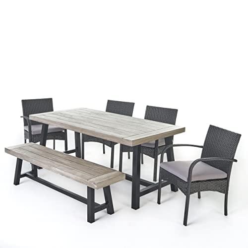 Christopher Knight Home Louise Outdoor Wicker Dining Set with Acacia Wood Table and Bench and Water Resistant Cushions, 6-Pcs Set, Sandblast Light Grey / Black Rustic Metal / Grey / Grey Cushions - CookCave