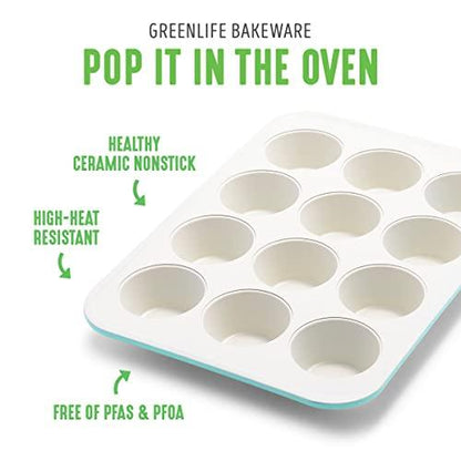 GreenLife Bakeware Healthy Ceramic Nonstick, 12 Piece Baking Set with Cookie Sheets Muffin Cake and Loaf Pans including utensils, PFAS-Free, Turquoise - CookCave