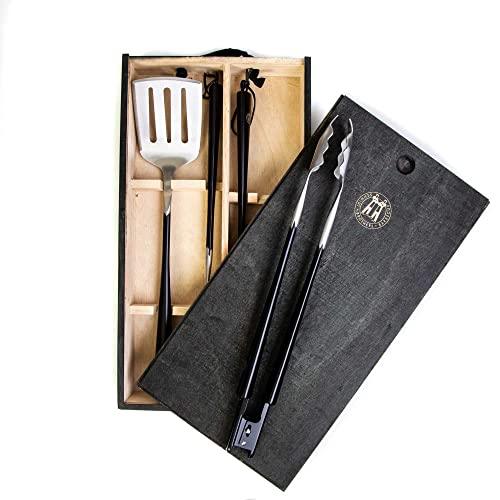 Schmidt Brothers - BBQ Carbon 6, 4-Piece Grilling Accessory Set, Full-Forged Stainless Steel Grilling Utensils Including Spatula, Fork, Basting Brush, and Tongs with All Wood Handles - CookCave