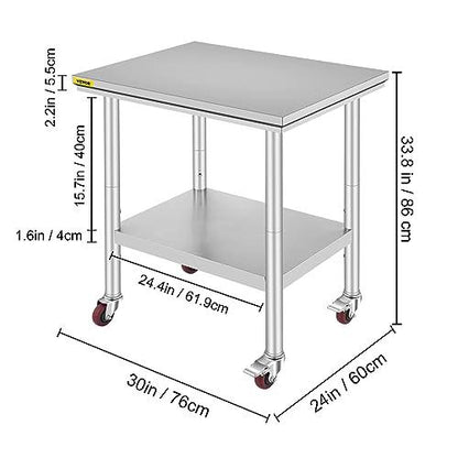 Mophorn Stainless Steel Work Table with Wheels 24 x 30 x 32 Inch Prep Table with 4 Casters Heavy Duty Work Table for Commercial Kitchen Restaurant Business - CookCave