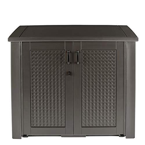 Rubbermaid Extra Large Decorative Patio Storage Cabinet, Weather Resistant, 123 Gal., Dark Teakwood, for Garden/Backyard/Home/Pool - CookCave