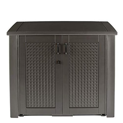 Rubbermaid Extra Large Decorative Patio Storage Cabinet, Weather Resistant, 123 Gal., Dark Teakwood, for Garden/Backyard/Home/Pool - CookCave