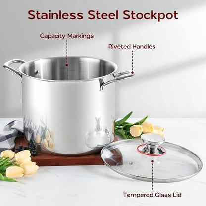 Onader 12QT Large Stainless Steel Stock Pot with Lid Tri-ply Cooking Soup Stockpot - CookCave