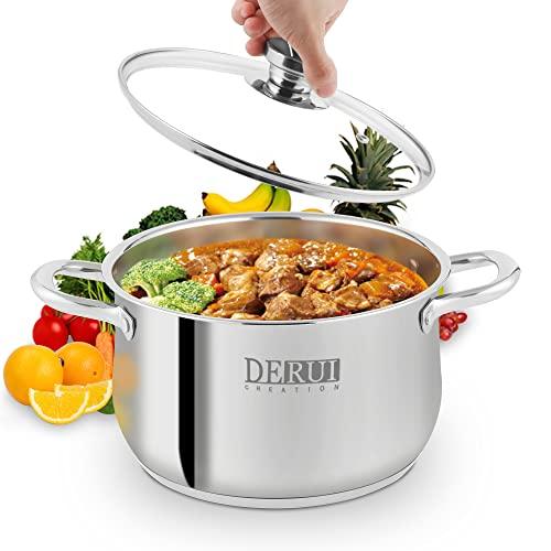 DERUI CREATION Stainless Steel Stock Pot 22CM | 4 Quart with Glass Lids Casserole Pots Induction Saucepans Soup Pot for Cooking - CookCave