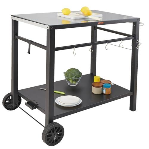 VEVOR Outdoor Grill Dining Cart with Double-Shelf, BBQ Movable Food Prep Table, Multifunctional Iron Table Top, Portable Modular Carts for Pizza Oven, Worktable with 2 Wheels, Carry Handle, Black - CookCave