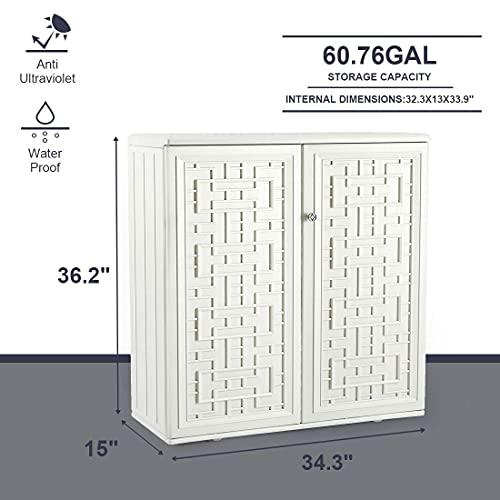 KINYING Outdoor Storage Cabinet Waterproof with Doors, 60 Gallon Resin Deck Box for Patio Furniture Cushions, Garden Tools, Pool Tools and Kids’ Toys (Off-White with 1 Shelving) - CookCave