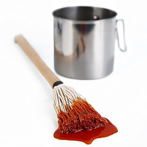 BBQ Sauce Pot and Basting Brush Set, 61oz Stainless Steel Sauce Pan & Basting Mop Brush, Gifts for Griller & Barbecue Cooking Accessories, with 2Pcs Wooden Long Handle Sauce Mops and 2Pcs Replacements - CookCave