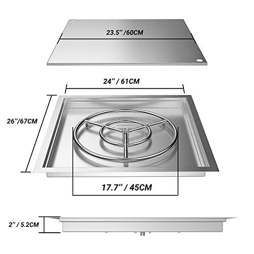 Skyflame 24" x 24" Square Stainless Steel Drop-in Fire Pit Kit with Fire Pit Burner Pan, Fire Burner Ring and Protective Lid, Suitable for Indoor or Outdoor DIY Firepit - CookCave