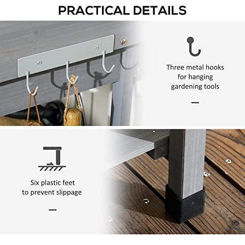 Outsunny Potting Bench Table, Includes Removable Outdoor Sink Station with Hose Hook Up, Wooden Work Station with Faucet, Drawer, Shelves, Hooks, Gray - CookCave