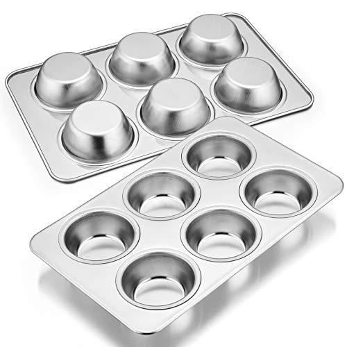 E-far Muffin Pan Set of 2, Stainless Steel Muffin Pan Tin for Baking, 6-Cup Metal Cupcake Pan Tray, Non-toxic & Healthy, Oven & Dishwasher Safe, Regular Size - 11.44 x 7.12 x 1.25 inch - CookCave