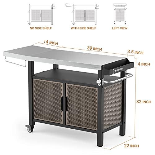 Onlyfire Portable Dining Cart Table with XL Stainless Steel Countertop, Rolling Storage Cabinet with Side Shelf for Indoor Outdoor, Kitchen Island Worktable with Wheels - CookCave