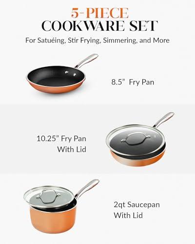 Gotham Steel 5 Pc Copper Pots and Pans Set Non Stick Cookware Set, Kitchen Cookware Sets, Pot and Pan Set, Pot Set, Non Toxic Cookware Set, Frying Pan Set, Saucepan Set, Pots Set, Dishwasher Safe - CookCave