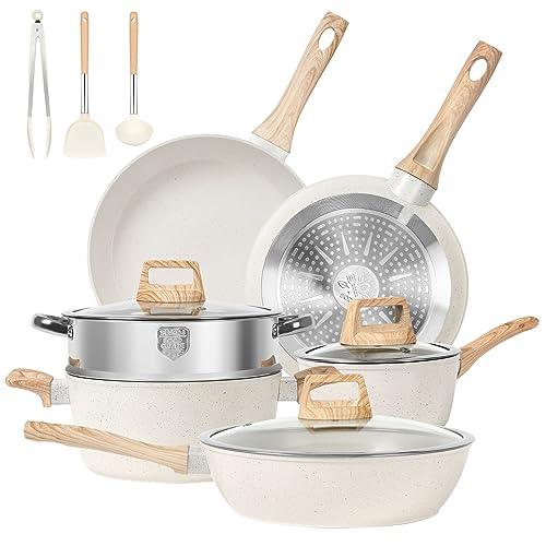 SODAY Pots and Pans Set Non Stick, 12 Pcs Kitchen Cookware Sets Induction Cookware Granite Cooking Set with Frying Pans, Saucepans, Steamer Silicone Shovel Spoon & Tongs (White) - CookCave