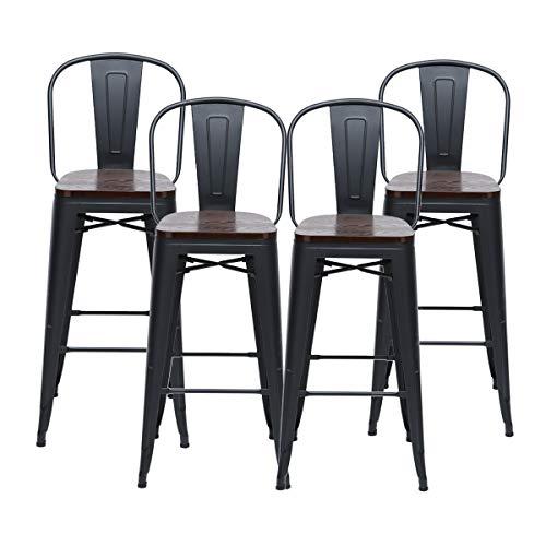 HAOBO Home 30" High Back Barstools Metal Stool with Wooden Seat [Set of 4] Counter Height Bar Stools, Matte Black - CookCave