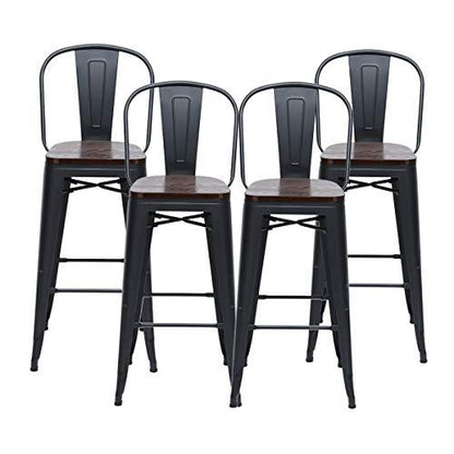 HAOBO Home 30" High Back Barstools Metal Stool with Wooden Seat [Set of 4] Counter Height Bar Stools, Matte Black - CookCave