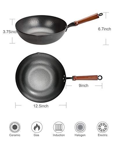 Bielmeier Wok Pan 12.5", Woks and Stir Fry Pans with lid, Carbon Steel Wok with Cookware Accessories, Wok with Lid Suits for all Stoves(Flat Bottom Wok) - CookCave