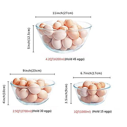 Glass Mixing Bowl Set of 3 for Kitchen, Baking, Prepping, Serving, Cooking 1.1QT, 2.5QT, 4.2QT Large Salad Bowl Set, High Brosilicate Bowl Set, Stackable, Non-toxic, Microwavable, Great Gift - CookCave
