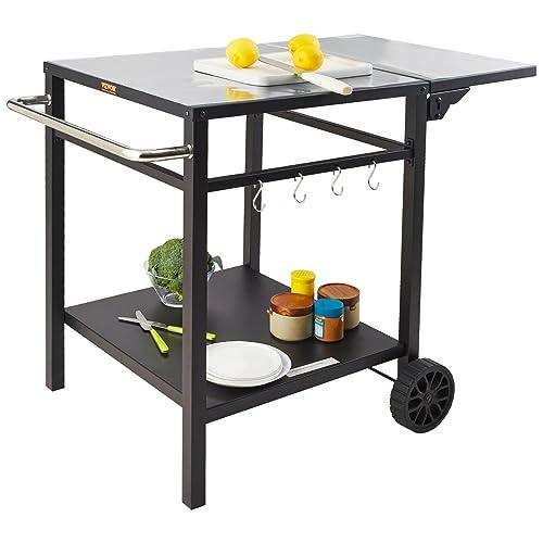 VEVOR Outdoor Grill Dining Cart with Double-Shelf, BBQ Movable Food Prep Table, Multifunctional Foldable Iron Table Top, Portable Modular Carts for Pizza Oven, Worktable with 2 Wheels, Carry Handle - CookCave