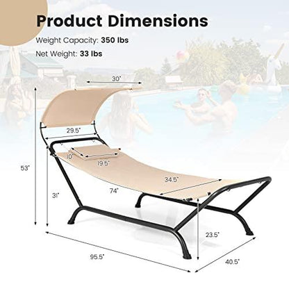 Tangkula Hammock with Stand Included, Heavy Duty Outdoor Hammock with Adjustable Canopy, Rustproof Metal Stand, Pillow, Storage Pocket, Hammock Bed with Stand for Backyard Lawn Poolside (Beige) - CookCave