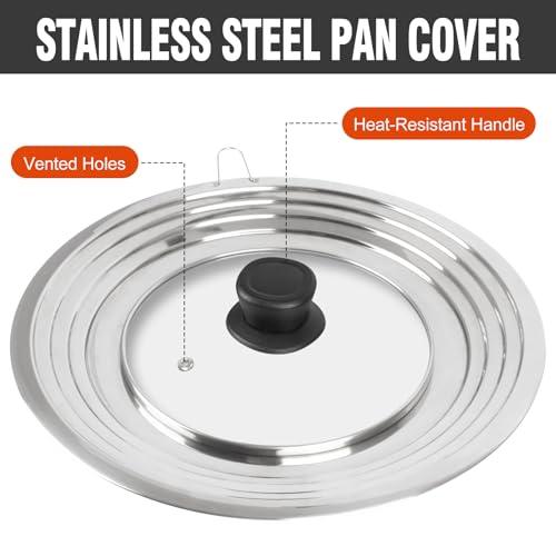 Universal Lid for Pots and Pans Skillets, Stainless Steel Pan Cover fit Fits 8.2-12.5 Inch Cookware, Large Replacement Frying Pan Cover, Cast Iron Skillet Pot Lids with Heat Resistant Knob - CookCave