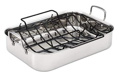 Anolon Triply Clad Stainless Steel Roaster / Roasting Pan with Rack - 17 Inch x 12.5 Inch, Silver - CookCave